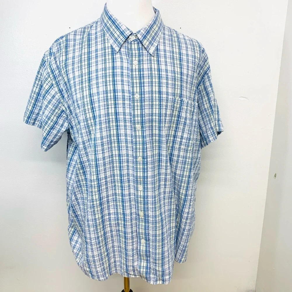 Scandia Shirt Men 2X Blue‎ Plaid Searsucker 100% Cotton Short Sleeve Travel